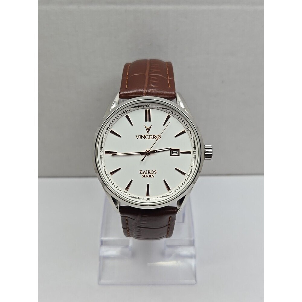 Mens Vincero Kairos 42MM Date Silver Watch Rose Gold Brown Leather New Battery